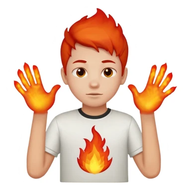 A boy with no hands fire instead made out of red fire and the boy is wearing a shirt that says FIRE C sticker