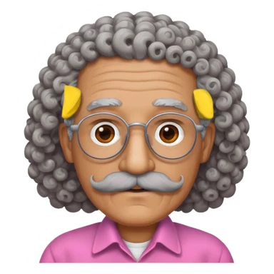 old guy with very curly hair and brown shades and big  pink mustache sticker