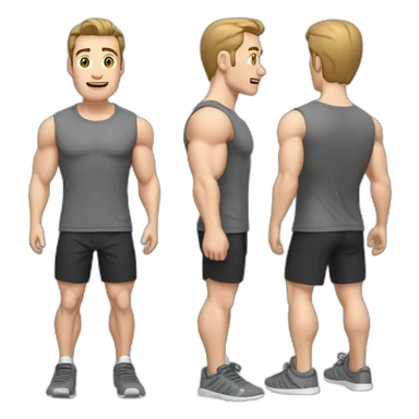 Surprised Pale skinned Fit Man With the biceps and dark brown hair in black shirt, gray sports shorts and white Sneakers sticker