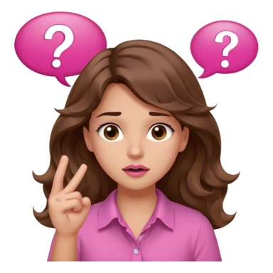 girl with long wavy brown hair, brown eyes, light to medium complexion, in a pink shirt, pink lips, long lashes, shugging, question mark one speech bubble sticker