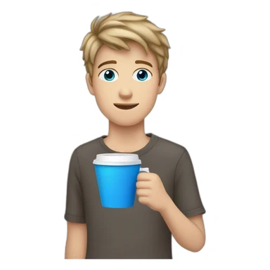 white blue eyed teen boy with dark blonde hair with a disposable cup of coffee in his hands sticker
