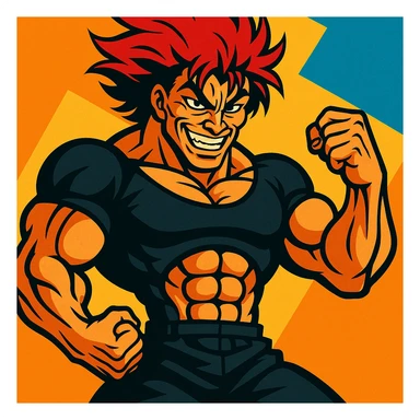Yujiro Hanma, muscular anime character with a menacing grin, red spiky hair, powerful stance, detailed illustration style sticker