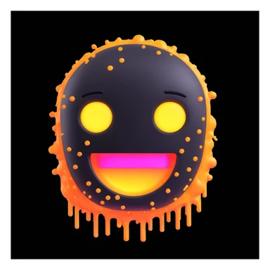 melting emoji face merging with a digital robot, emoji dissolving into neon digital particles, flat 3D icon, vibrant neon palette, white background sticker