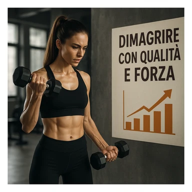 woman in gym doing dumbbell exercises, slim and toned body, progress chart next to her, atmosphere of determination, Italian text: 'Dimagrire con qualità e forza', 4K quality sticker