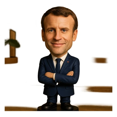 bobblehead style figure of Emmanuel Macron, French president, suit and tie, oversized head, confident smile sticker