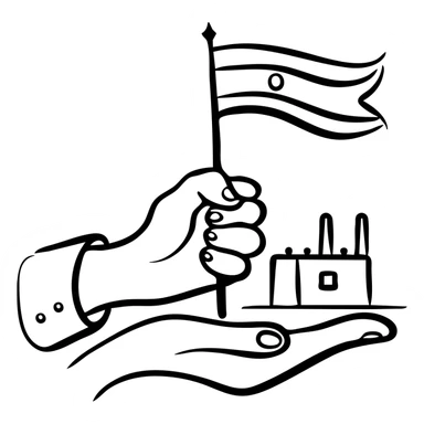 government hand taking control of factory with Indian flag, representing nationalization sticker