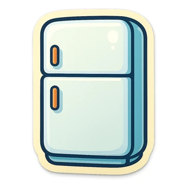 Closed modern refrigerator, flat vector style, rounded edges, simple handles, clean white surface, minimal details, soft shadows, no brand logos, UI sticker look, slightly taller proportions. sticker