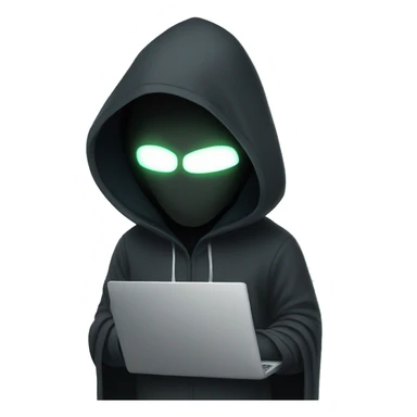 hooded man with a laptop wearing a mask with glowing white eyes sticker