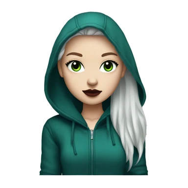 white girl with long bright blue wolf cut hair wearing dark red lipstick, black eyeliner and a green hoodie sticker