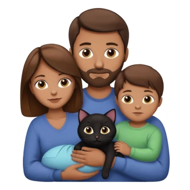 1 mom brown hair, 1 dad NO beard, 1 baby and 1 black cat sticker