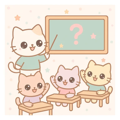 cat teacher asking questions to student cats, student cats raising hands, warm and friendly classroom scene sticker