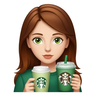 Brown haired girl with green eyes and straight hair drinking Starbucks sticker