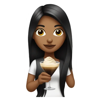 Girl with long black hair holding an espresso martini sticker