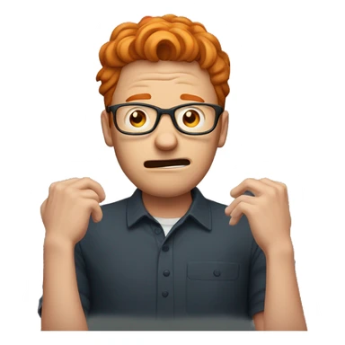 man with ginger hair and glasses visibly scared hands over face sticker