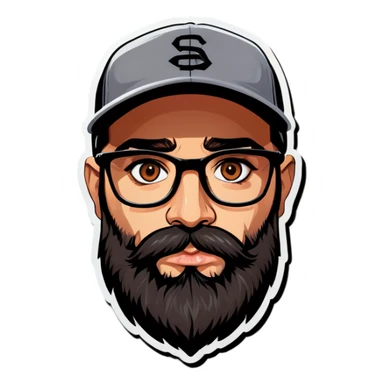 A man with a grey baseball cap, hazel eyes, big dark brown beard and glasses, big puppy eyes sticker