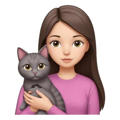 a white girl with brunette long straight hair holding a grey cat. the girl has long lashes and has on a pink shirt. sticker