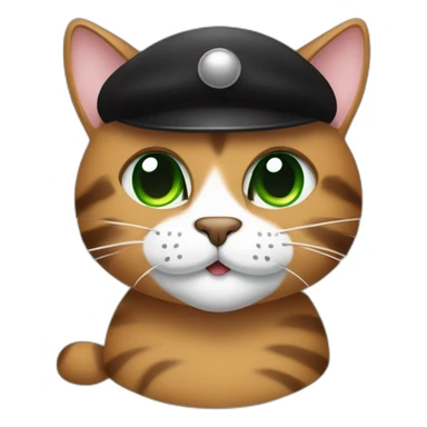 Brown cat with black stripes and white mustache and the contour of the white mouth and green eyes with a brush pencil and a black beret and a color palette sticker