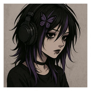 emo girl with headphones, purple highlights, butterfly hairpin sticker