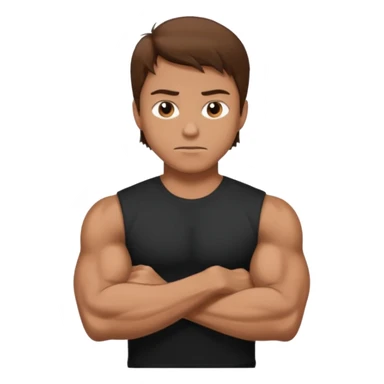 man with brown hair who is strong wearing black t shirt not smiling muscles sticker