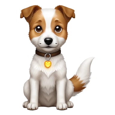 cinematic-[jack russel]-realistic-full-body-sitting-emoji,-tail-resting-loosely-beside-its-paws,-head-tilted-dramatically, -scruffy-[brown and white]-fur,-simplified-yet-realistic-focused-features,-highly-detailed,-glowing-with-an-almost-sarcastic-glow sticker