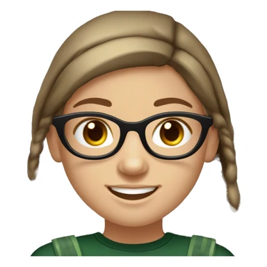 Slavic girl, light skin, smiling with teeth, round brown eyes, spotted frame glasses, long brown straight highlighted hair, black T-shirt, dark green cap, black badge ribbon sticker