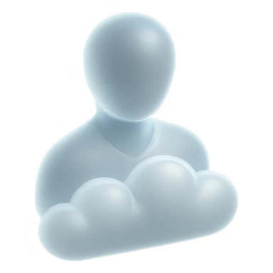 front view portrait of a person, shoulders up, body made of white convex clouds, matte glass style sticker