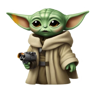 Baby Yoda holds a flamethrower sticker