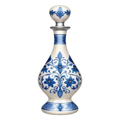 A sleek, tall, and elegant white bottle with intricate blue floral patterns, a curvy hourglass shape, and a reflective silver cap, reminiscent of fine ceramic craftsmanship and luxury tequila sticker