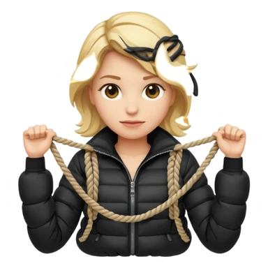 blond female emoji wearing a black down jacket, arms behind the back and ropes tying it sticker