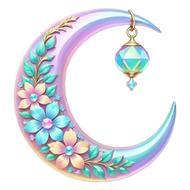 glossy Pastel iridescent floral shiny crystal crescent damask moon sticker
