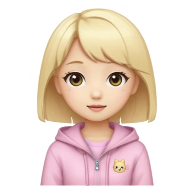Cute kawaii emoji-style Japanese K-pop girl, blonde hair, trendy K-pop outfit with Japanese cute fashion vibes, big sparkling eyes, chibi proportions, clean lineart, pastel colors, cheerful idol smile, sticker/emoji style, transparent background sticker