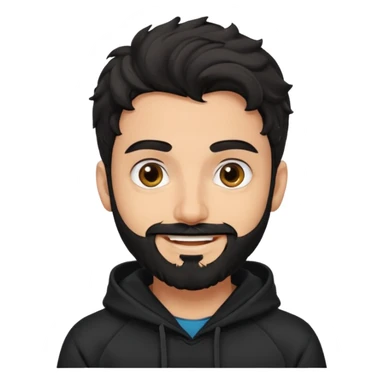 young fair skin pakistani guy smiling with black beard, wavy hair pushed back and brown eyes and thick eyebrows wearing black hoodie sticker