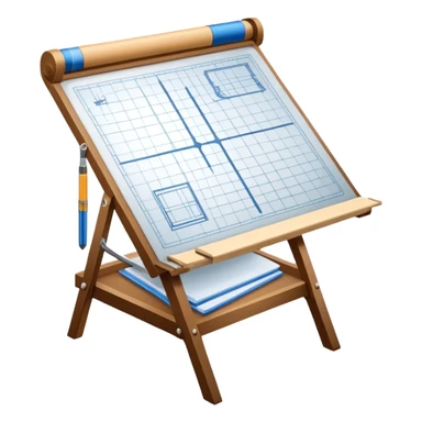 Create a sleek and modern icon representing Architecture, featuring an engineer's drawing board with blueprints of a building and rulers. The design should be visually sophisticated, clean, and professional, without any emojis. The background should be transparent. sticker