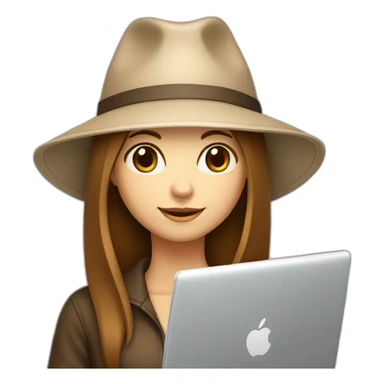 white skin, Girl with a hat, brown hair straight to the shoulders, holding a laptop sticker