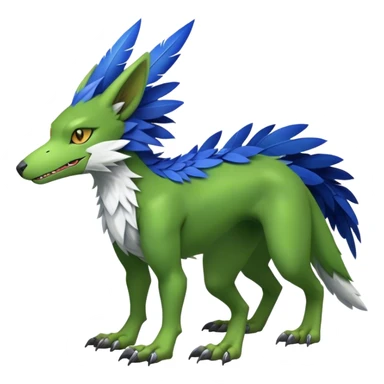 Cute cool fantasy animal hybrid bat-Sergal-Digimon-Fakemon full body, green scales, brown eyes, blue feathers sticker