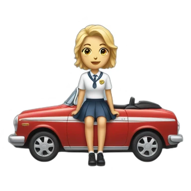 A woman in a school uniform sitting legs crossed on the hood of a car sticker