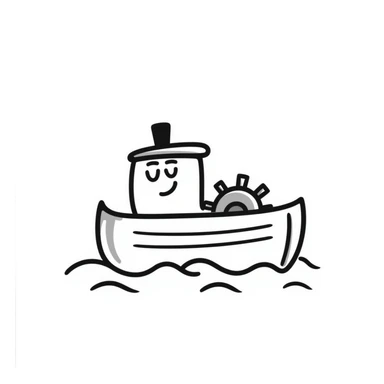 A hand-drawn toy paddleboat with a grinning face and little spinning wheels sticker