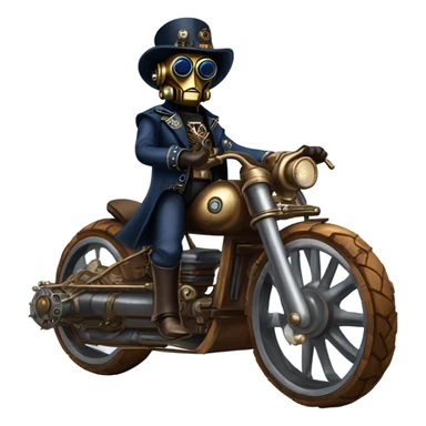 Old west Bounty hunter C-3PO wearing a pair of navy-blue rimmed steampunk goggles, hat, leather chaps, fringe jacket riding a fast sporty 3 wheeler trike steampunk motorcycle in desert town  sticker
