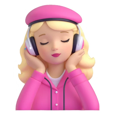 blonde American girl wearing a pink beret and AirPods Max headphones, listening to music with closed eyes sticker