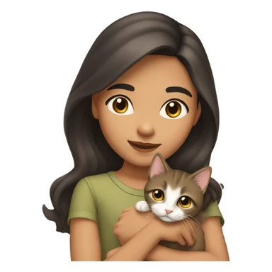 14 year old Eurasian girl with dark brown hair neutral tan olive skin long brown hair and brown eyes with arched brows holding a kitten sticker