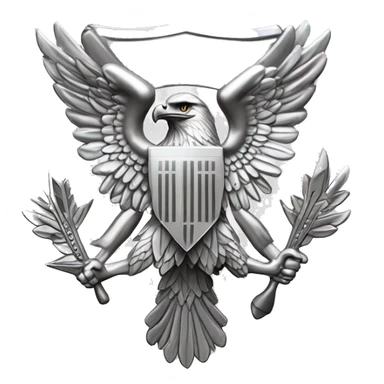 Create an emoji of a silver US Army O-6 Colonel insignia: a detailed silver eagle with outstretched wings, clutching arrows and bearing a shield on its chest. Ensure the background is transparent. The entire thing should be silver sticker