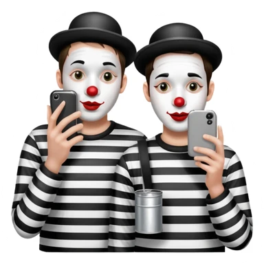 two mimes with white face paint using tin can phone sticker