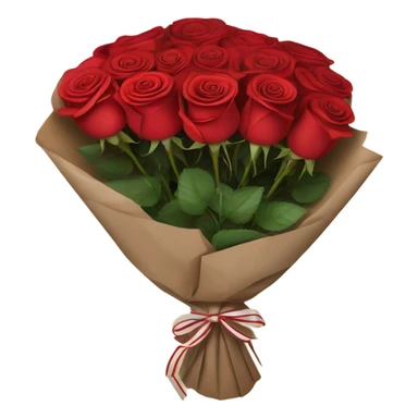 Rose bouquet wrapped in brown paper, red and white roses. The paper must show at the back and the bow must be brown sticker