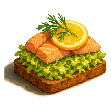 В слега рисованном, но при этом ярком и объемном стиле сгенерируй картинку сочного смёрребрёда c капустой, рыбой, профессионально выставленный свет, который подчеркивает объем, прозрачный фон sticker