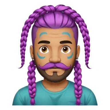 big lose braids starting from the top sides of the head hair like a unicorn man with mustache face wiith big visible loose only two braids and lots and lots of colored face tattoos colored tattoos like a tattoo artist hair unique color and beard sticker