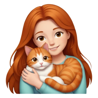 smiling girl with long hair cuddling a ginger cat with white paws  sticker