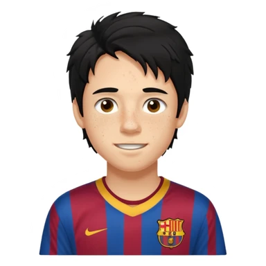 Un chico con pelo largo, desordenado y negro, tiene pecas, brackets, ojos cafés oscuros y con una camisa del Barcelona sticker