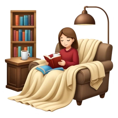 cozy reading nook with blanket, book, and hot drink sticker
