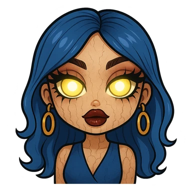 Add glowing eyes to the character, keep the creepy gyaru style with blue hair and pretty makeup, bratz baddie vibe, in emoji style with no background. sticker