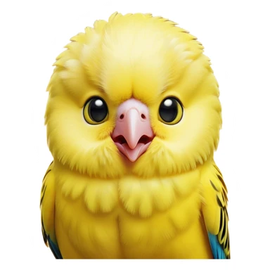 Cinematic Comical Yellow Budgie Portrait Emoji, Head tilted dramatically with an exaggeratedly amused expression, featuring a striking yellow feathered fur with a glossy finish, wide, expressive dark eyes filled with playful disbelief, Simplified yet hilariously expressive features, highly detailed, glowing with a slightly sassy glow, high shine, dramatic yet playful, stylized with an air of cheeky mischief, bright and endearing, soft glowing outline, capturing the essence of a spirited and over-the-top budgie, so meme-worthy it feels like it could side-eye its way into internet fame instantly! sticker